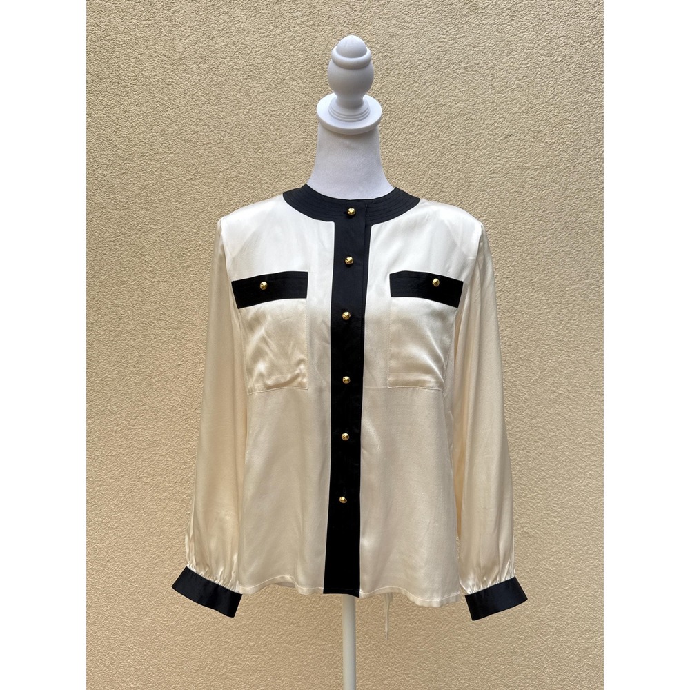 Vintage Ivory satin silk with gold tone buttons blouse black trim